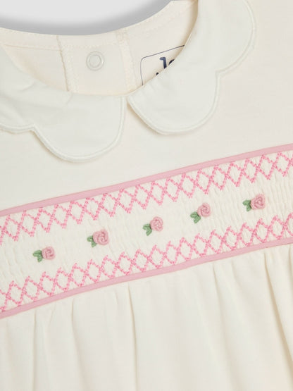JoJo Maman Bébé Cream Cotton 2-Piece Smocked Sleepsuit and Hat Set