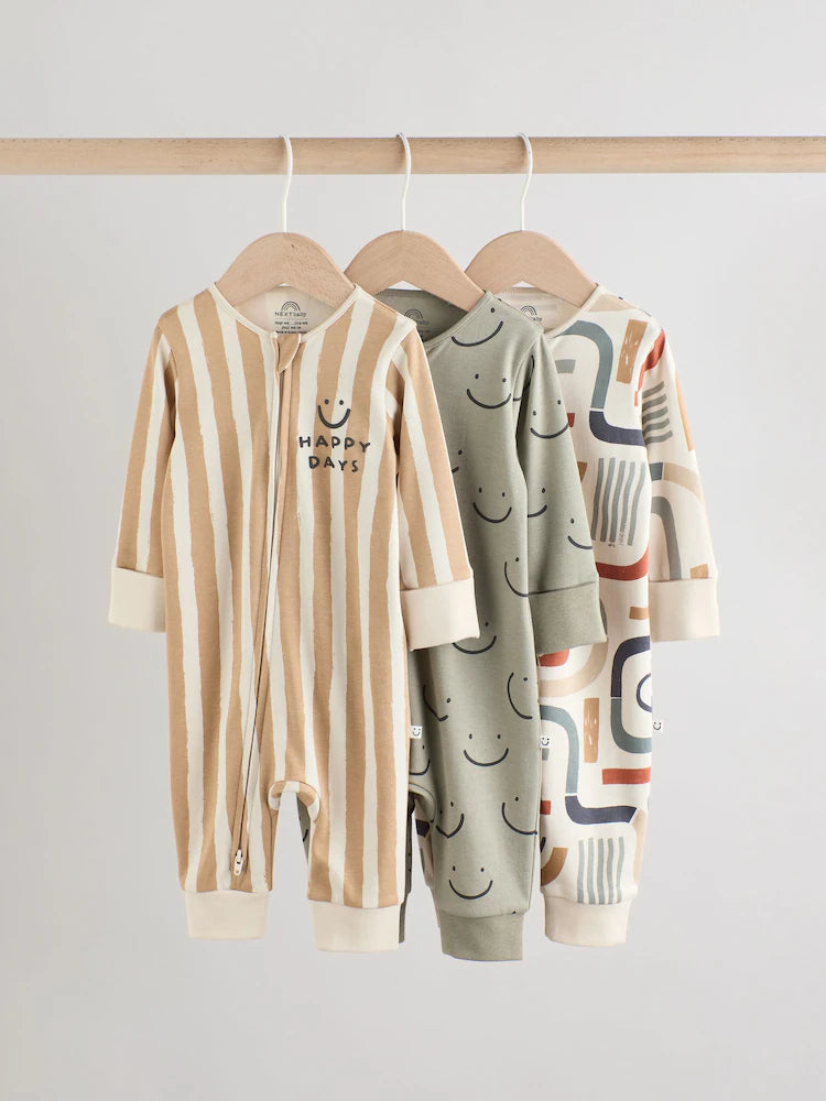 Olive Green 3 Pack Baby Sleepsuits (0mths-3yrs)