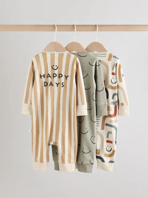 Olive Green 3 Pack Baby Sleepsuits (0mths-3yrs)