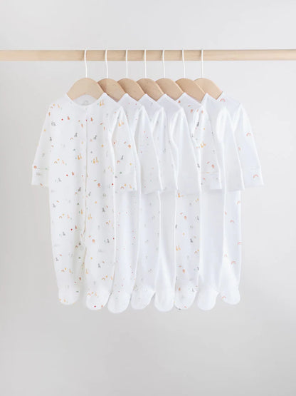 White 7 Pack Popper Baby Sleepsuits (0-2yrs)