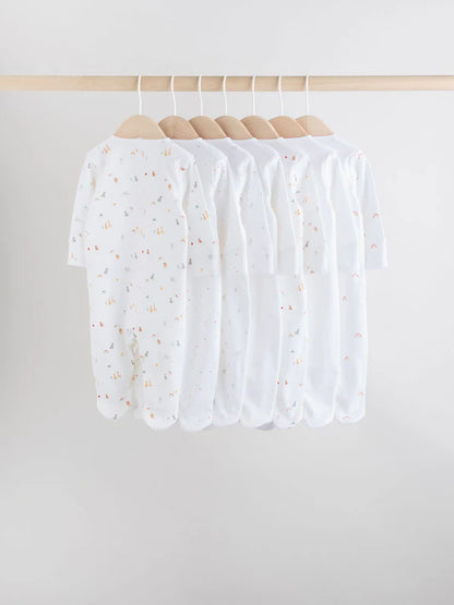 White 7 Pack Popper Baby Sleepsuits (0-2yrs)
