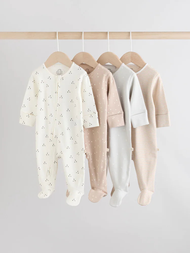 Cream 4 Pack Two Way Zip Baby Sleepsuits (0-2yrs)