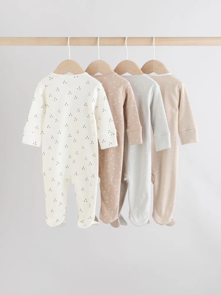 Cream 4 Pack Two Way Zip Baby Sleepsuits (0-2yrs)