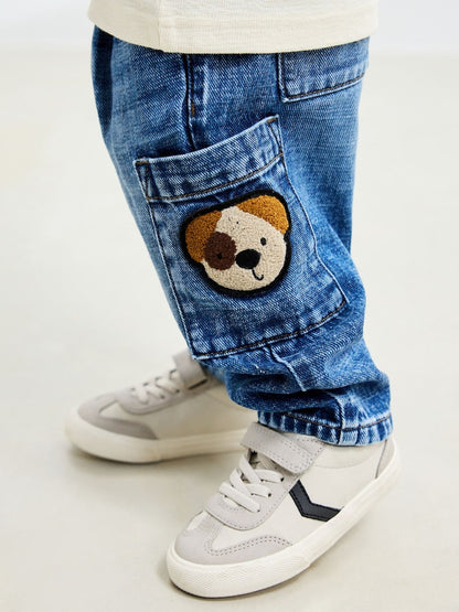 Mid Blue Dog Cargo Jeans (3mths-7yrs) - Mid Blue Dog / 12-18 Months (80-86cm)