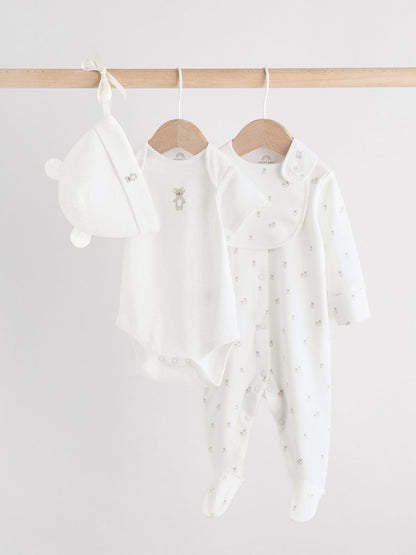 White Baby Sleepsuit, Bodysuit, Beanie and Bib Set 4 Piece (0-9mths) - White / Up to 3 Months (62cm)