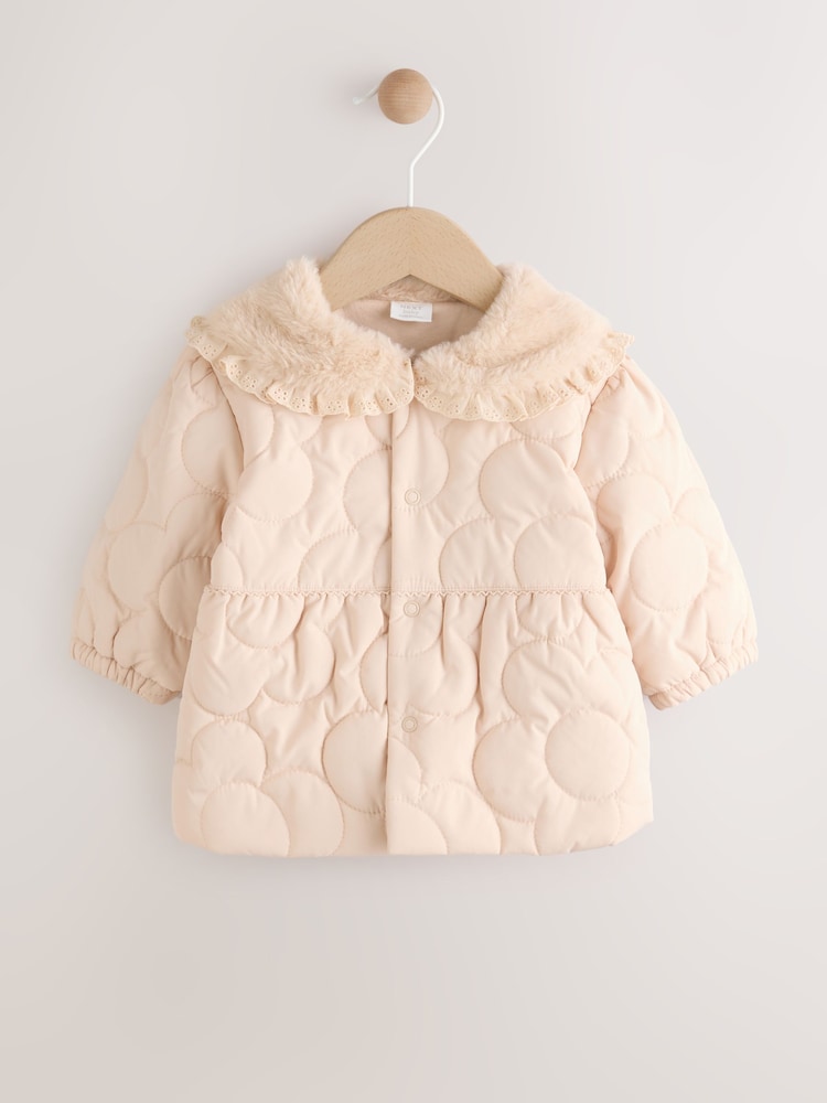 Neutral Oversized Collar Faux Fur Quilted Baby Jacket (0mths-2yrs) - Size 50cm (First Size)