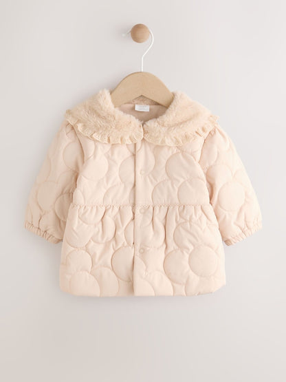 Neutral Oversized Collar Faux Fur Quilted Baby Jacket (0mths-2yrs) - Size 50cm (First Size)