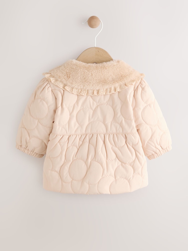 Neutral Oversized Collar Faux Fur Quilted Baby Jacket (0mths-2yrs) - Size 50cm (First Size)