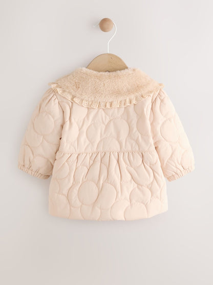 Neutral Oversized Collar Faux Fur Quilted Baby Jacket (0mths-2yrs) - Size 50cm (First Size)
