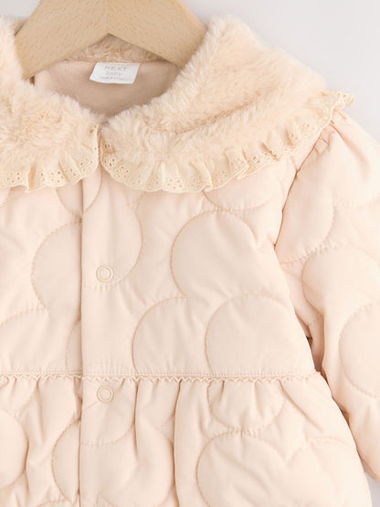 Neutral Oversized Collar Faux Fur Quilted Baby Jacket (0mths-2yrs) - Size 50cm (First Size)