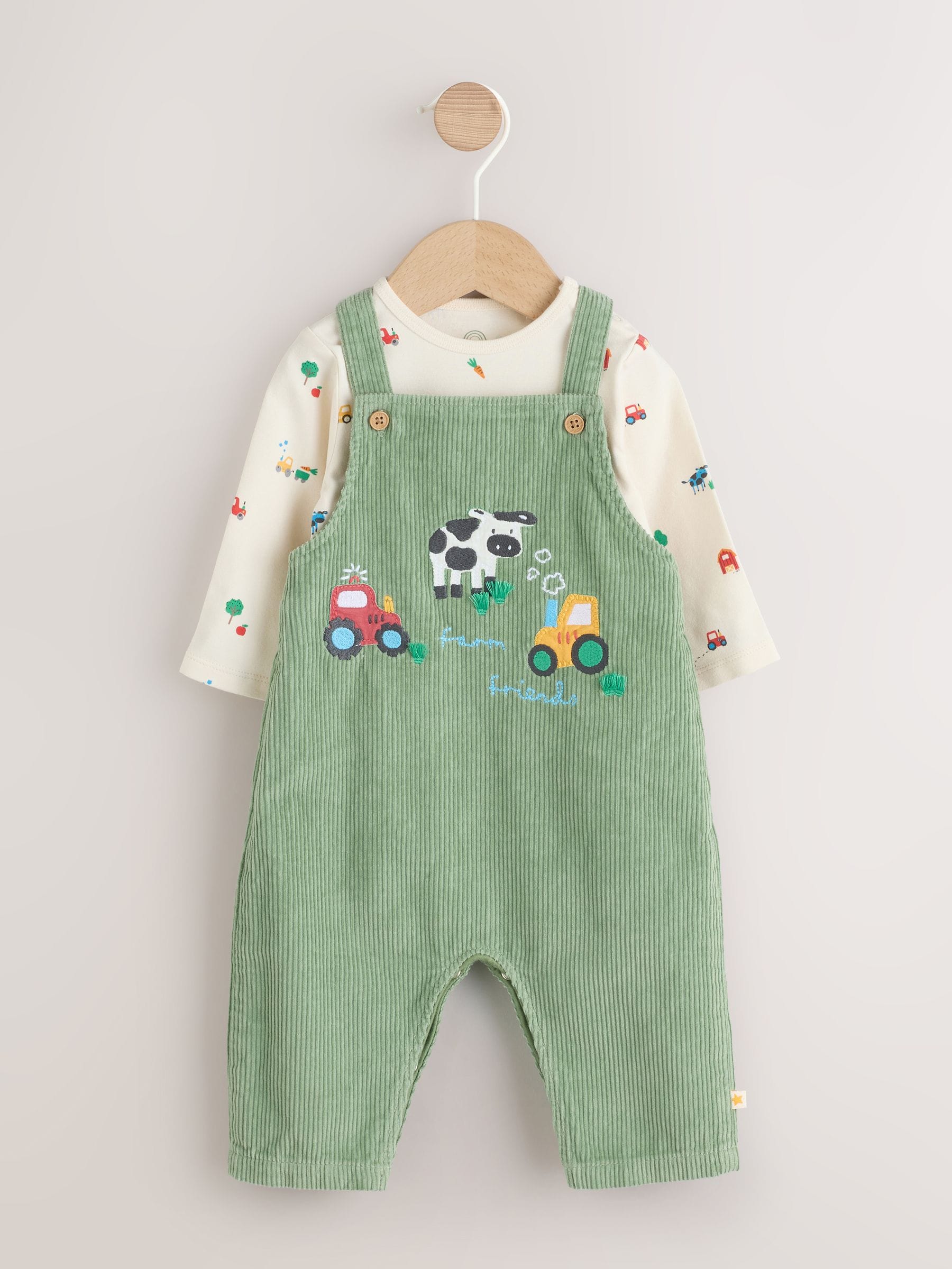 Green Farm Cord Dungarees and Bodysuit Set (0mths-2yrs) - Size Up to 1 Month (56cm)