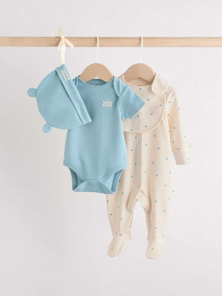 Blue Baby Sleepsuit, Bodysuit, Beanie and Bib Set 4 Piece (0-12mths) - Up to 3 Months (62cm)