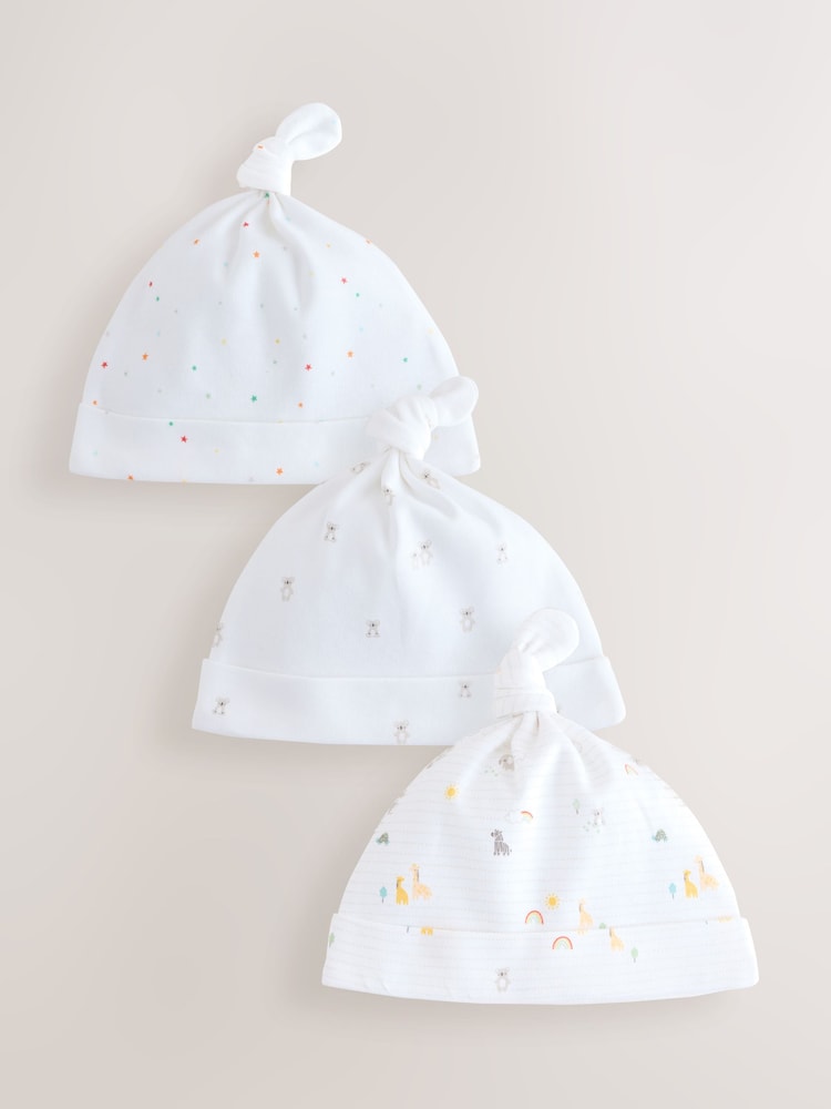 White Baby Tie Top Hats 3 Pack (0-12mths) - Up To 3 Months (50 - 62cm)