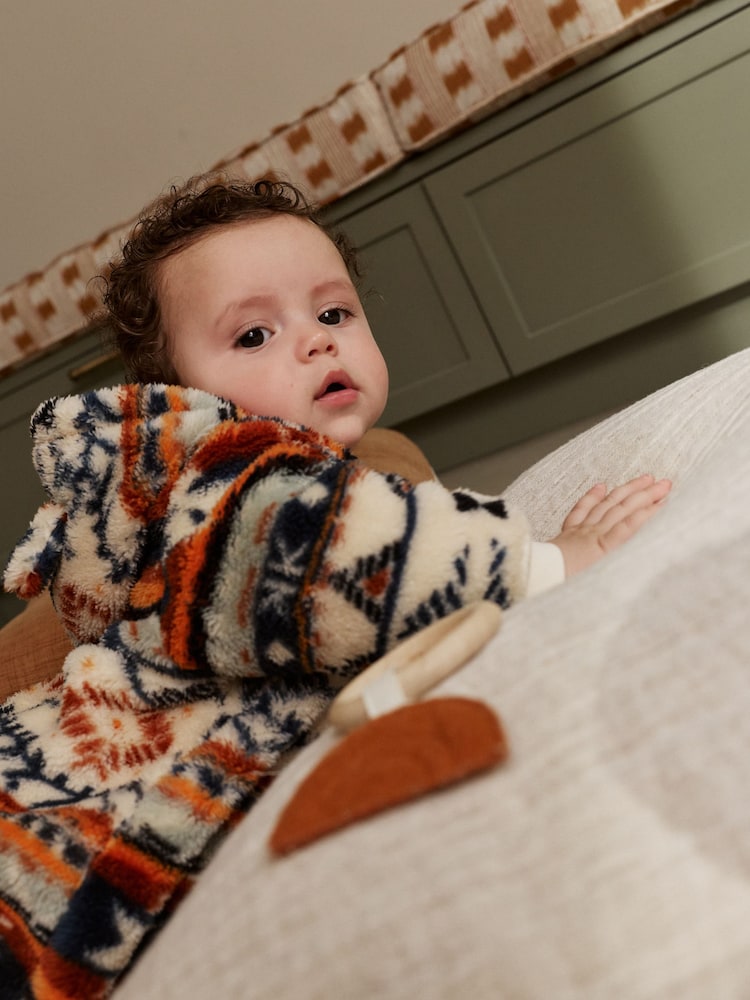 White Fairisle Pattern Zip Through Fleece Baby Pramsuit (0mths-2yrs)