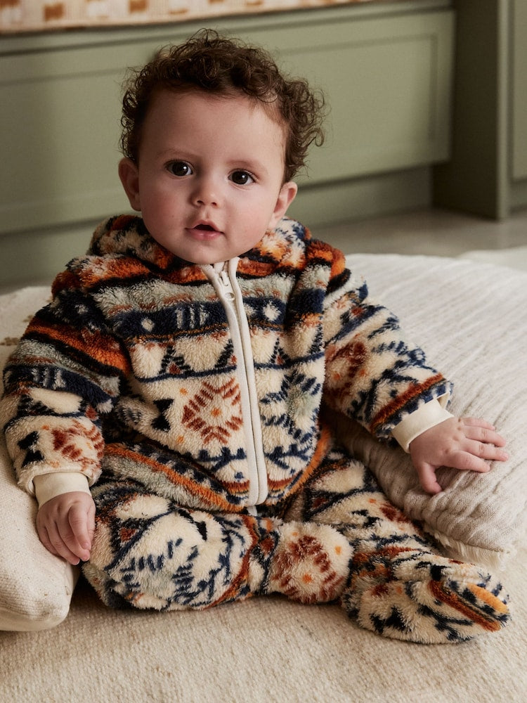 White Fairisle Pattern Zip Through Fleece Baby Pramsuit (0mths-2yrs)