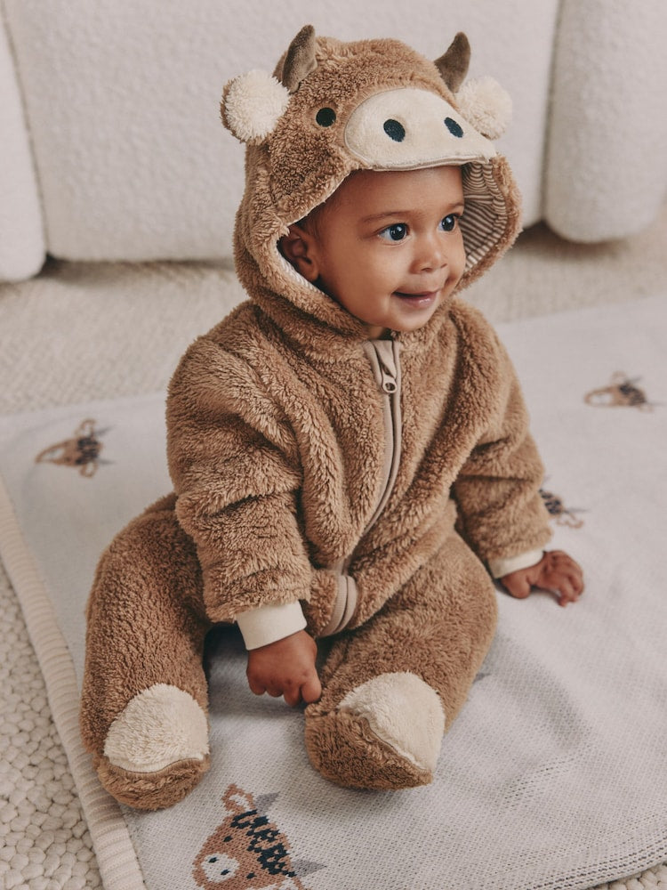Brown Hamish Hooded Baby Fleece Pramsuit (0-18mths) - Size 50cm (First Size)
