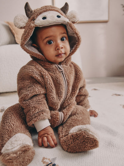 Brown Hamish Hooded Baby Fleece Pramsuit (0-18mths) - Size 50cm (First Size)