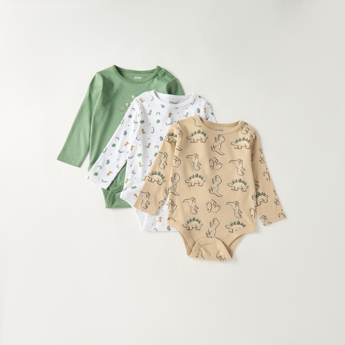 Pack of 3 - Dinosaur Print Bodysuit with Long Sleeves - Multicolour / 12-18 mths