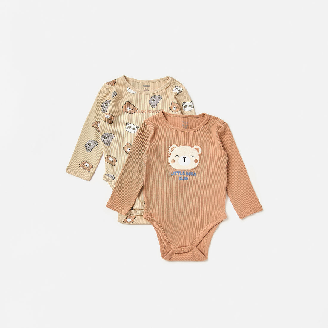 Pack of 2 - Bear Detail Pointelle Bodysuit with Long Sleeves - Brown / 12-18 mths