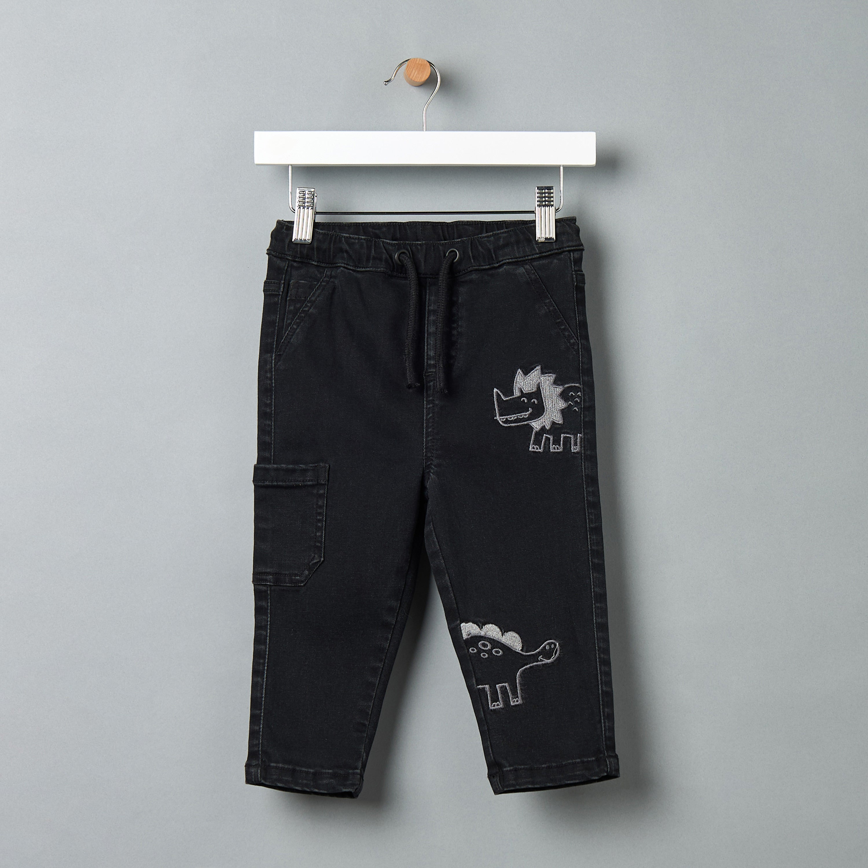 Dinosaur Embroidered Denim Pants - Black / 12-18 mths
