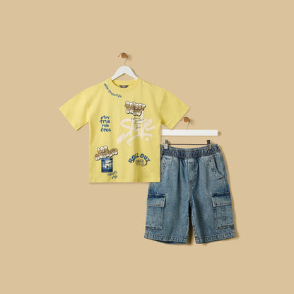 Graffiti Print Cotton T-shirt and Denim Cargo Shorts Set