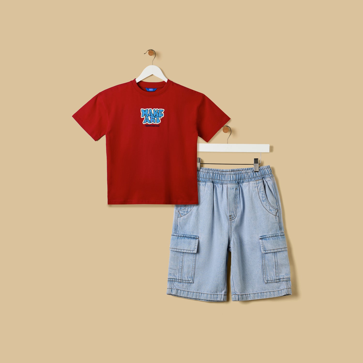 Graffiti Print Cotton T-shirt and Denim Cargo Shorts Set - Multicolour / 11-12 yrs