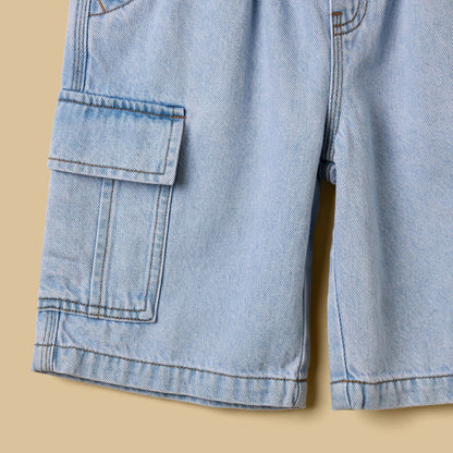 Graffiti Print Cotton T-shirt and Denim Cargo Shorts Set