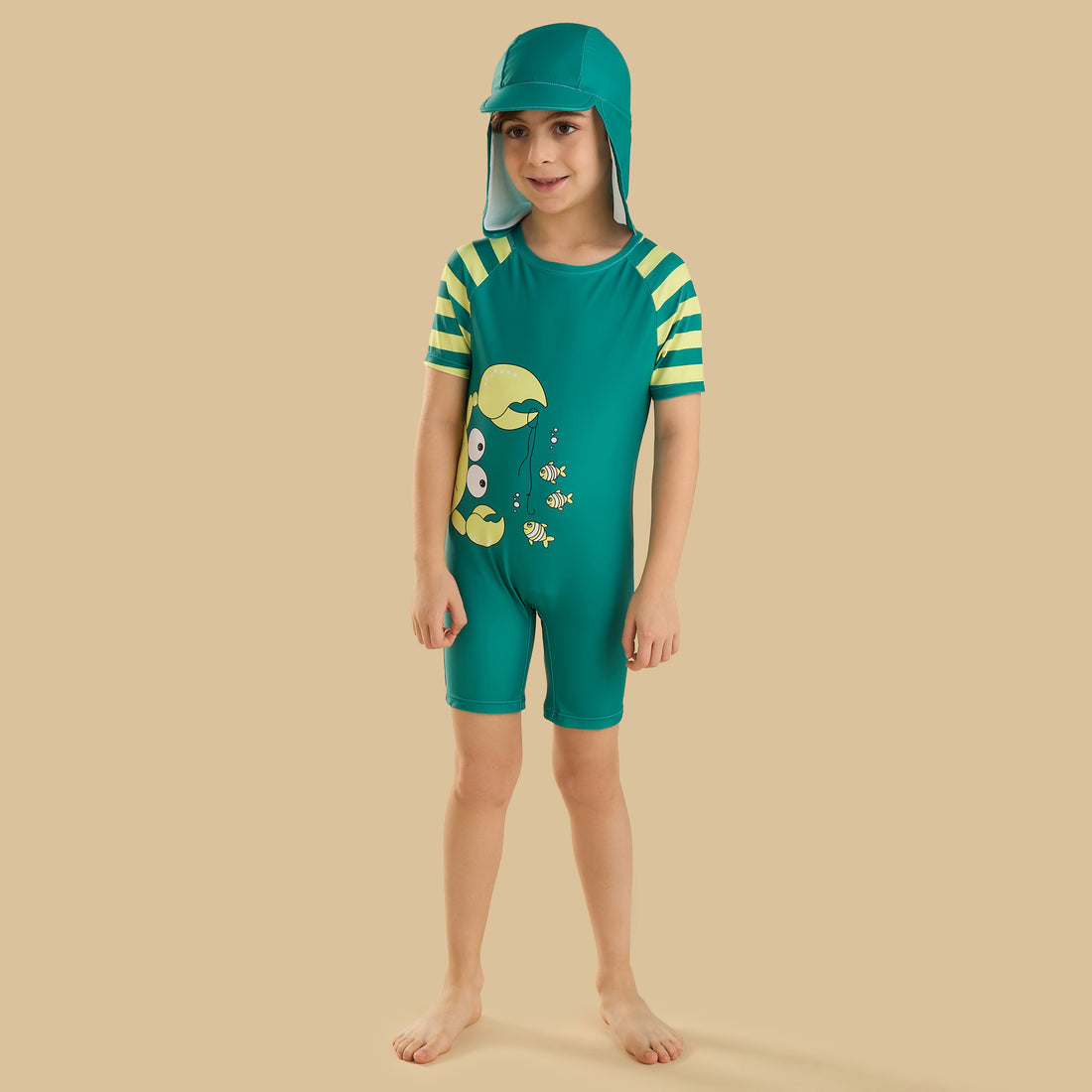 Crab Print Swimsuit with Cap - Green / 2-3 yrs