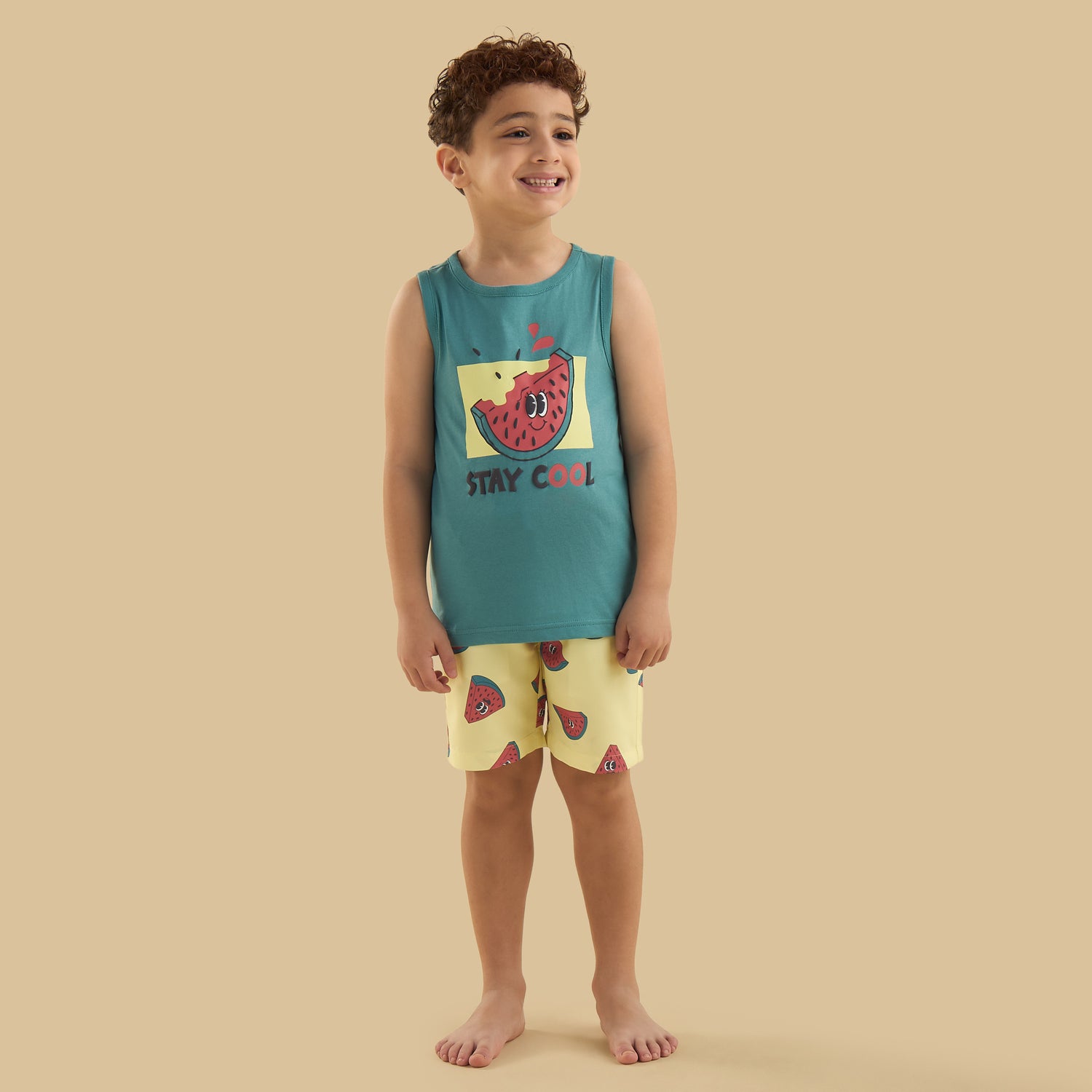 Watermelon Print Sleeveless Swim T-shirt and Shorts Set