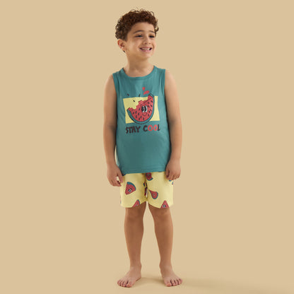 Watermelon Print Sleeveless Swim T-shirt and Shorts Set