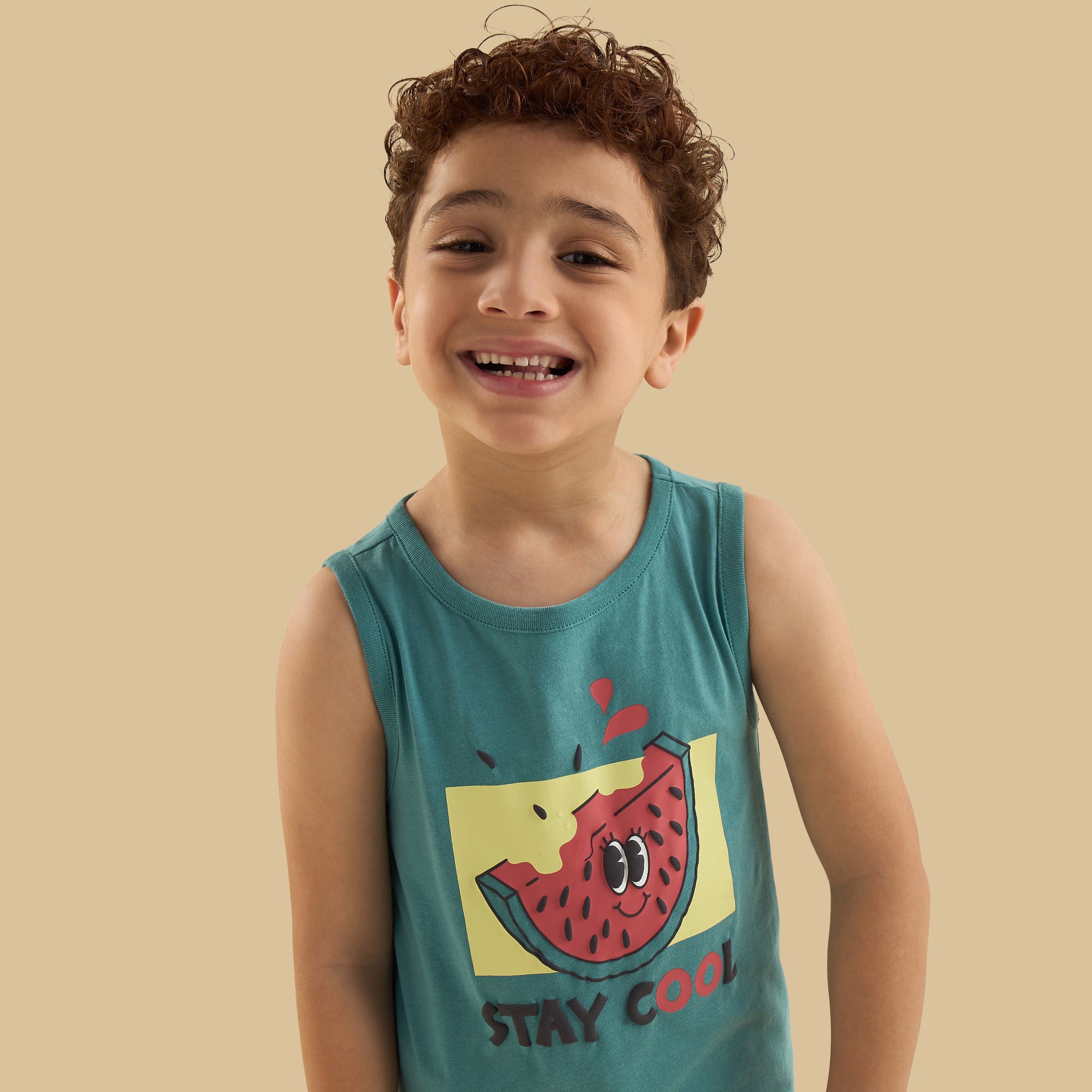 Watermelon Print Sleeveless Swim T-shirt and Shorts Set