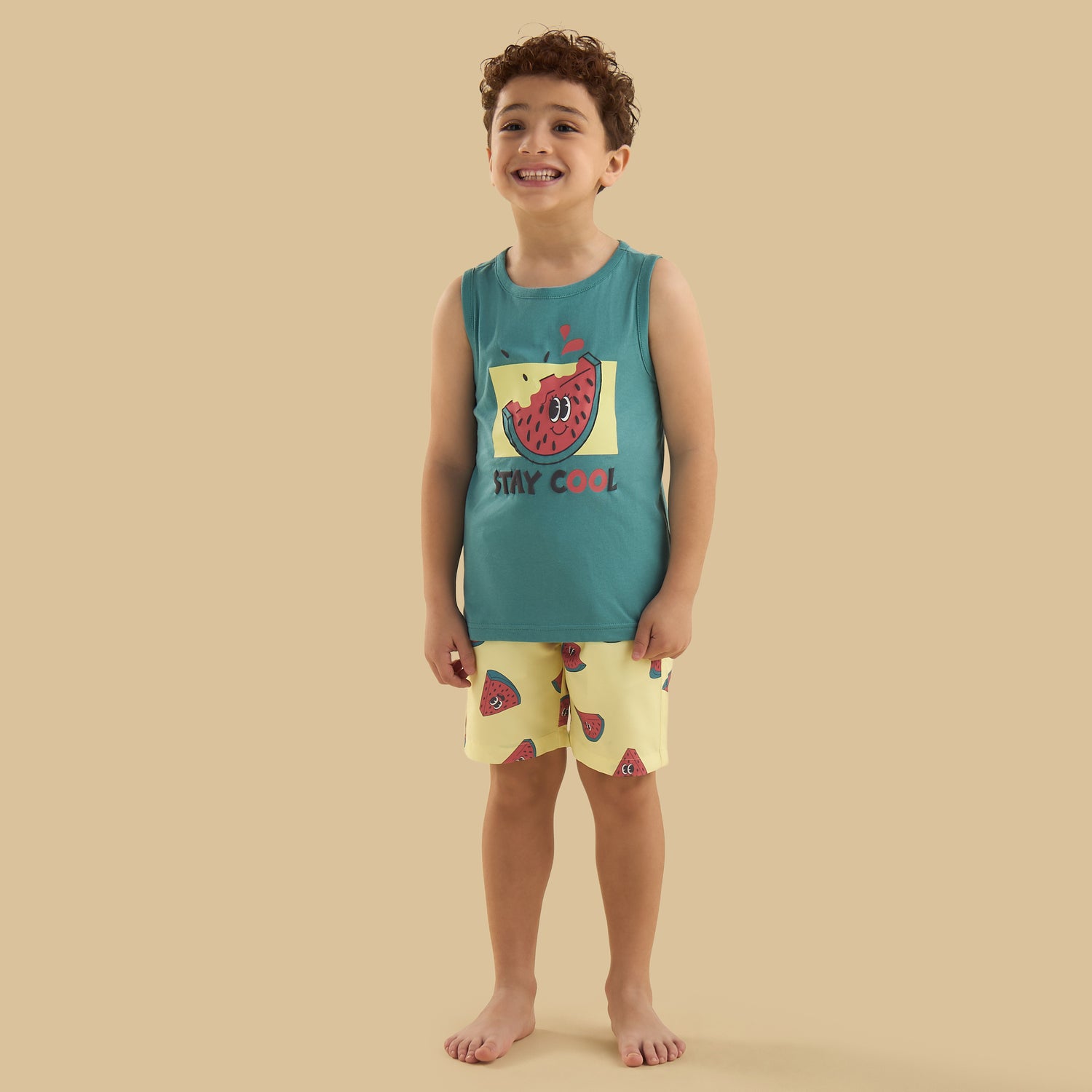 Watermelon Print Sleeveless Swim T-shirt and Shorts Set