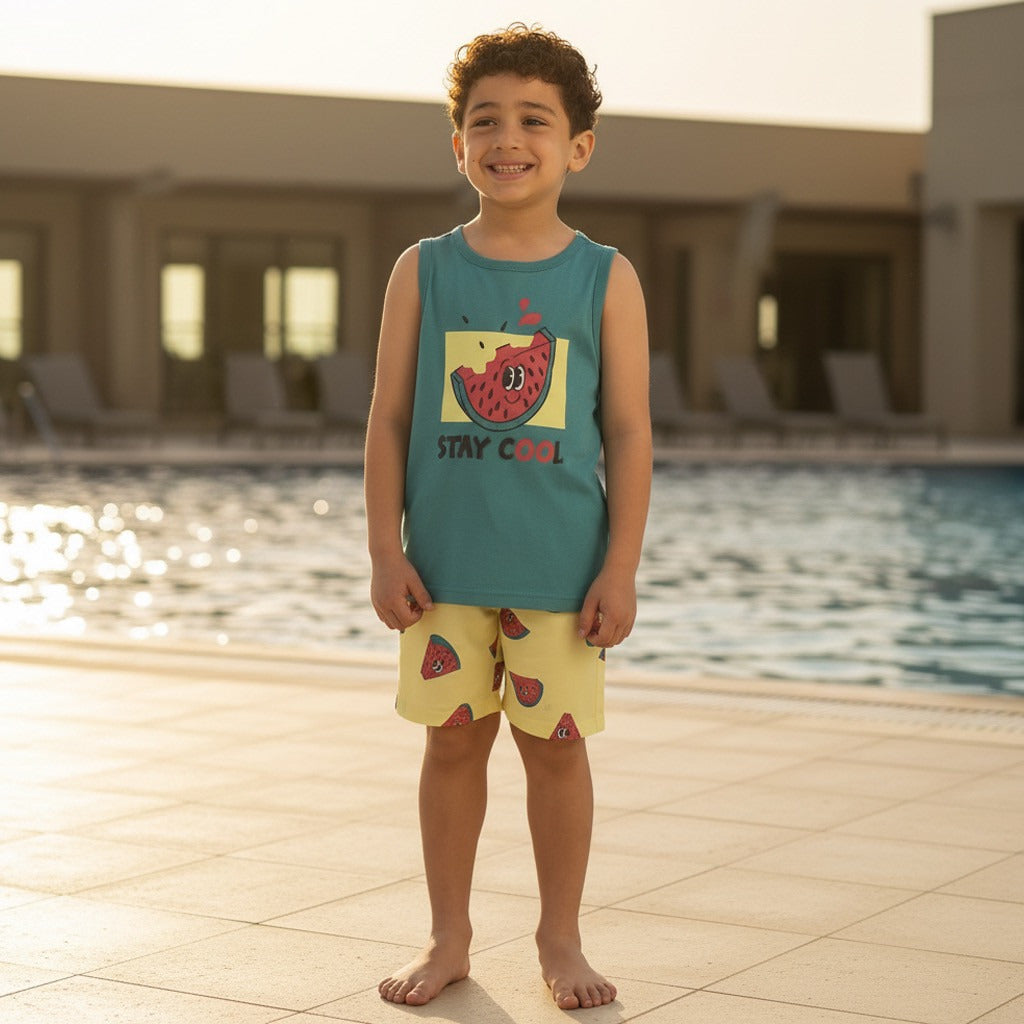 Watermelon Print Sleeveless Swim T-shirt and Shorts Set - Blue / 2-3 yrs