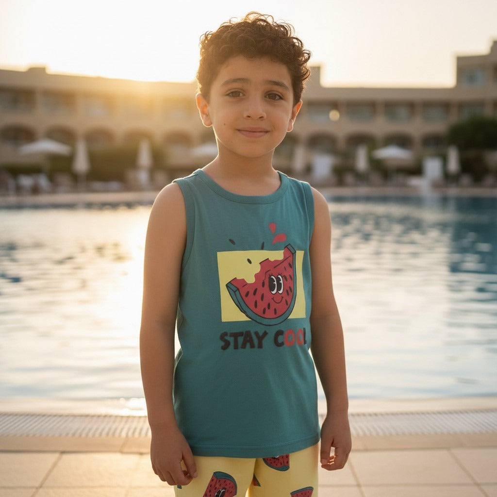 Watermelon Print Sleeveless Swim T-shirt and Shorts Set