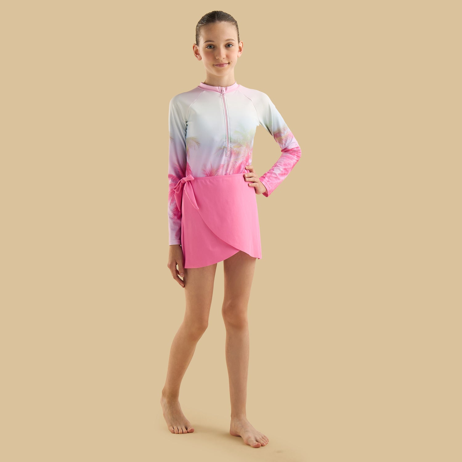 Palm Tree Print Swimsuit with Petal Hem Skirt
