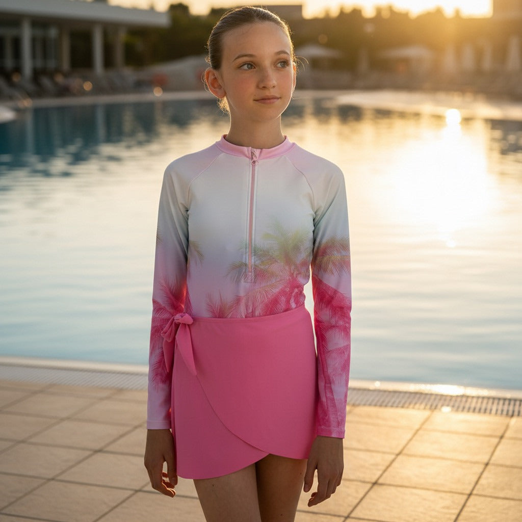 Palm Tree Print Swimsuit with Petal Hem Skirt - Pink / 11-12 yrs