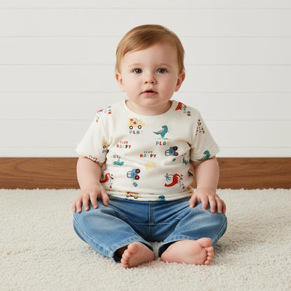 Dinosaur and Vehicle Print T-shirt - Cream / 12-18 mths