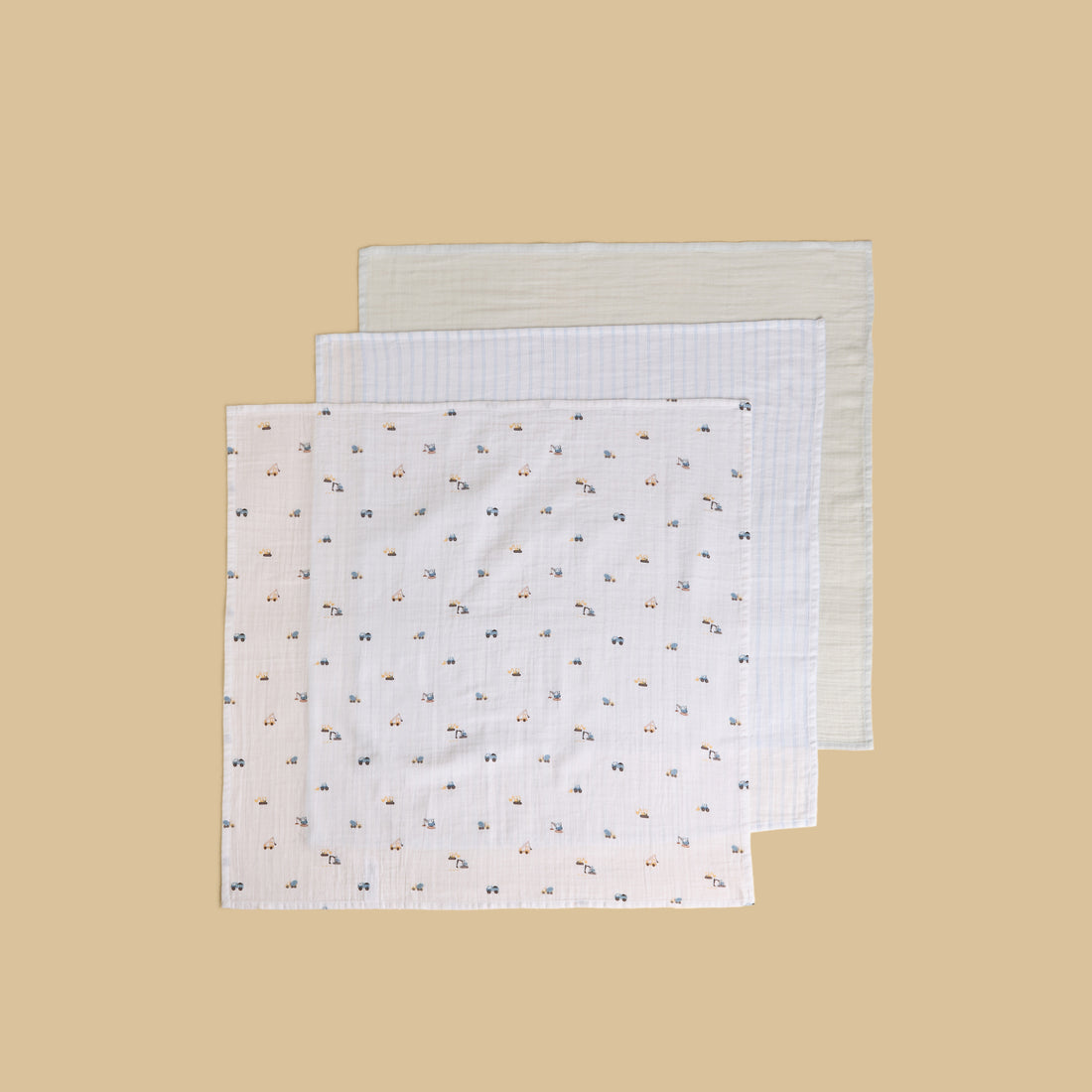 Pack of 3 - Tractor Print Muslin Cloth - White