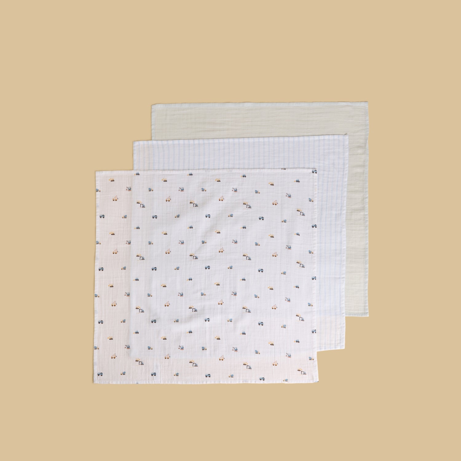 Pack of 3 - Tractor Print Muslin Cloth - White