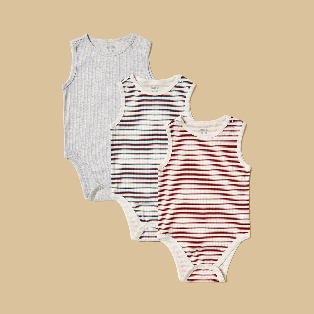 Pack of 3 - Ribbed Sleeveless Cotton Bodysuit - Multicolour / 12-18 mths