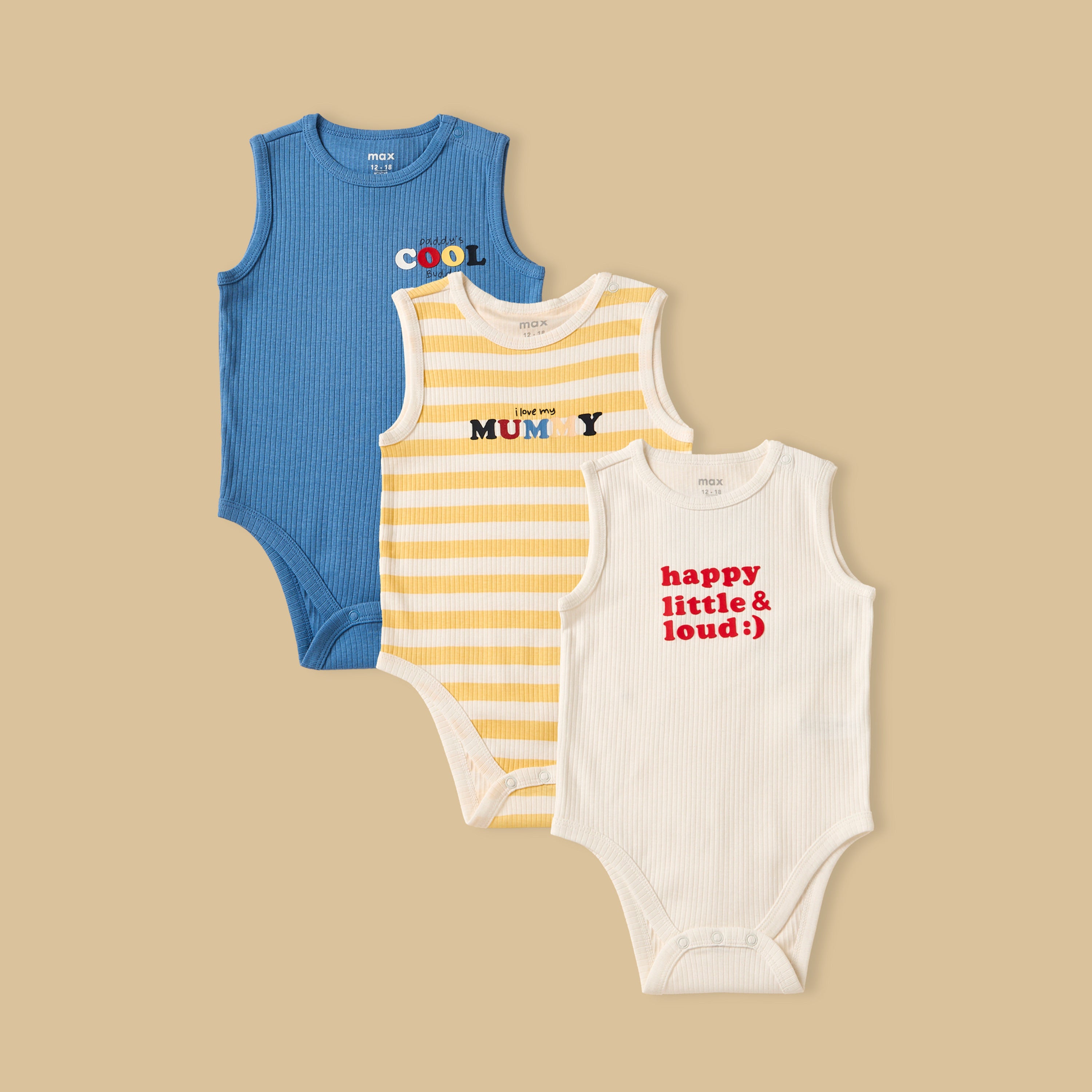 Pack of 3 - Slogan Print Ribbed Sleeveless Cotton Bodysuit - Multicolour / 12-18 mths