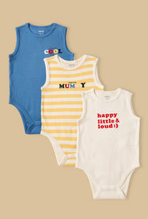 Pack of 3 - Slogan Print Ribbed Sleeveless Cotton Bodysuit-undefined-image-1