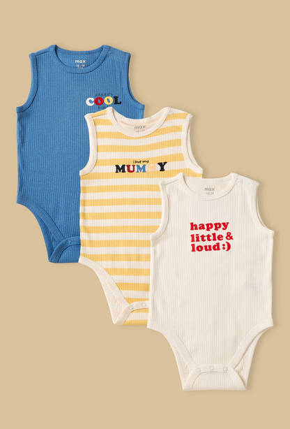 Pack of 3 - Slogan Print Ribbed Sleeveless Cotton Bodysuit-undefined-image-1