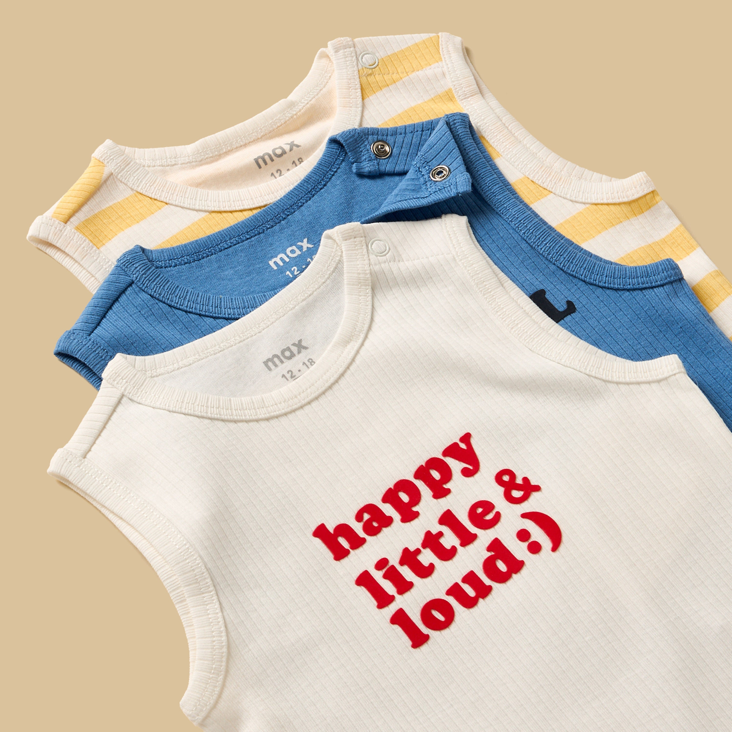 Pack of 3 - Slogan Print Ribbed Sleeveless Cotton Bodysuit