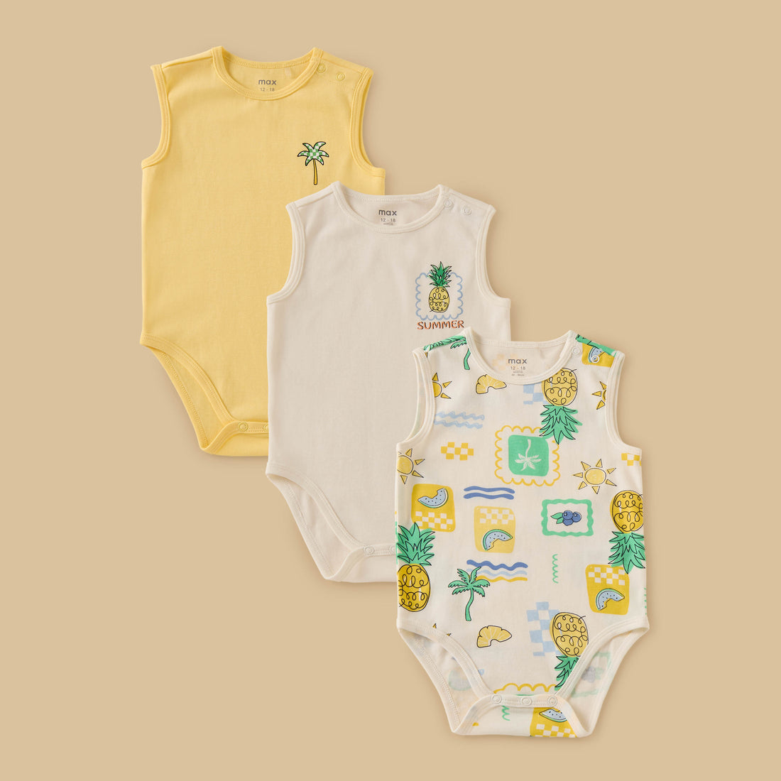 Pack of 3 - Printed Sleeveless Bodysuit - Multicolour / 12-18 mths