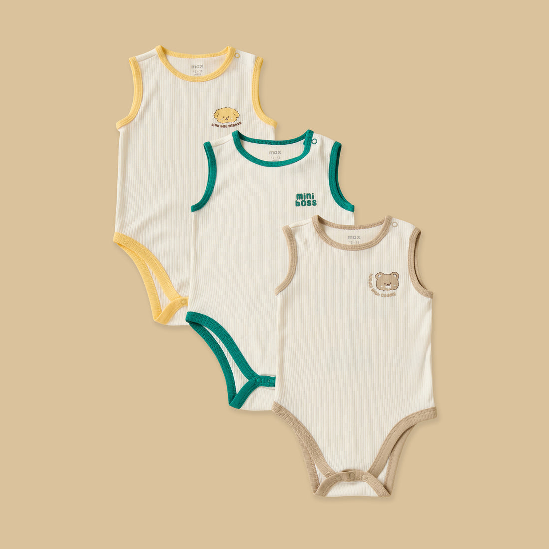 Pack of 3 - Animal Face Print Sleeveless Bodysuit - Cream / 12-18 mths