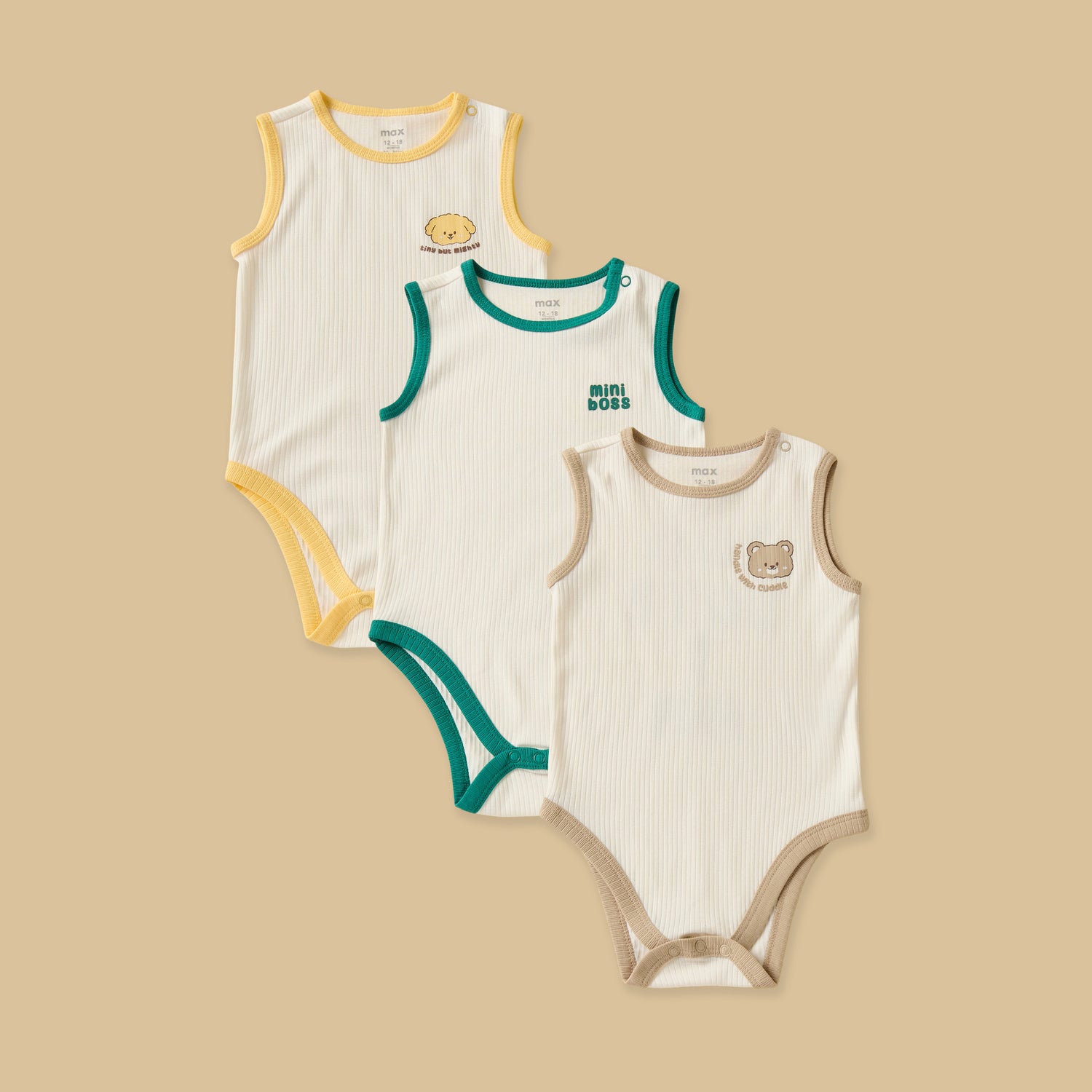 Pack of 3 - Animal Face Print Sleeveless Bodysuit - Cream / 12-18 mths
