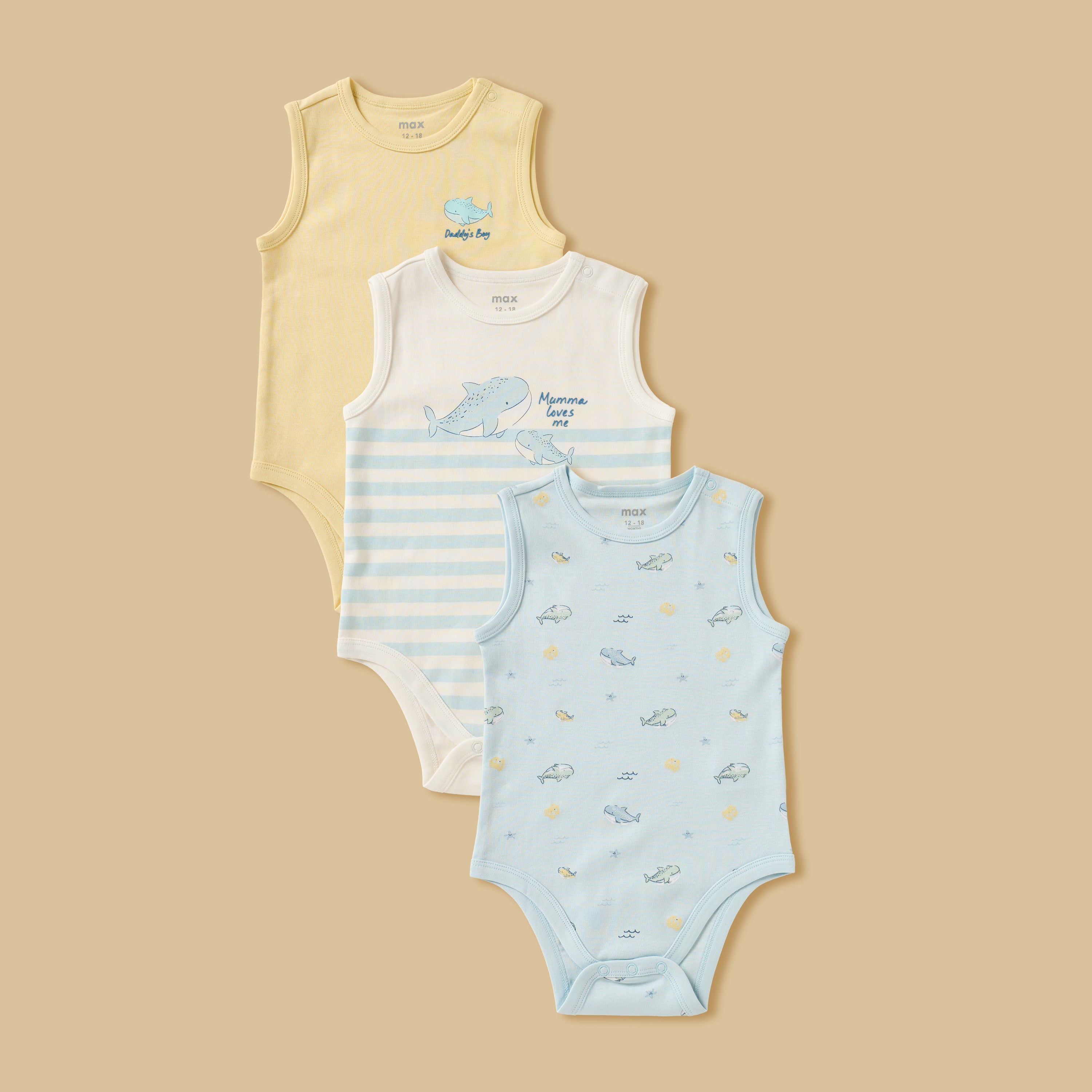 Pack of 3 - Printed Sleeveless Cotton Bodysuit - Multicolour / 12-18 mths