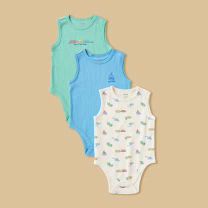 Pack of 3 - Printed Sleeveless Cotton Bodysuit - Multicolour / 12-18 mths