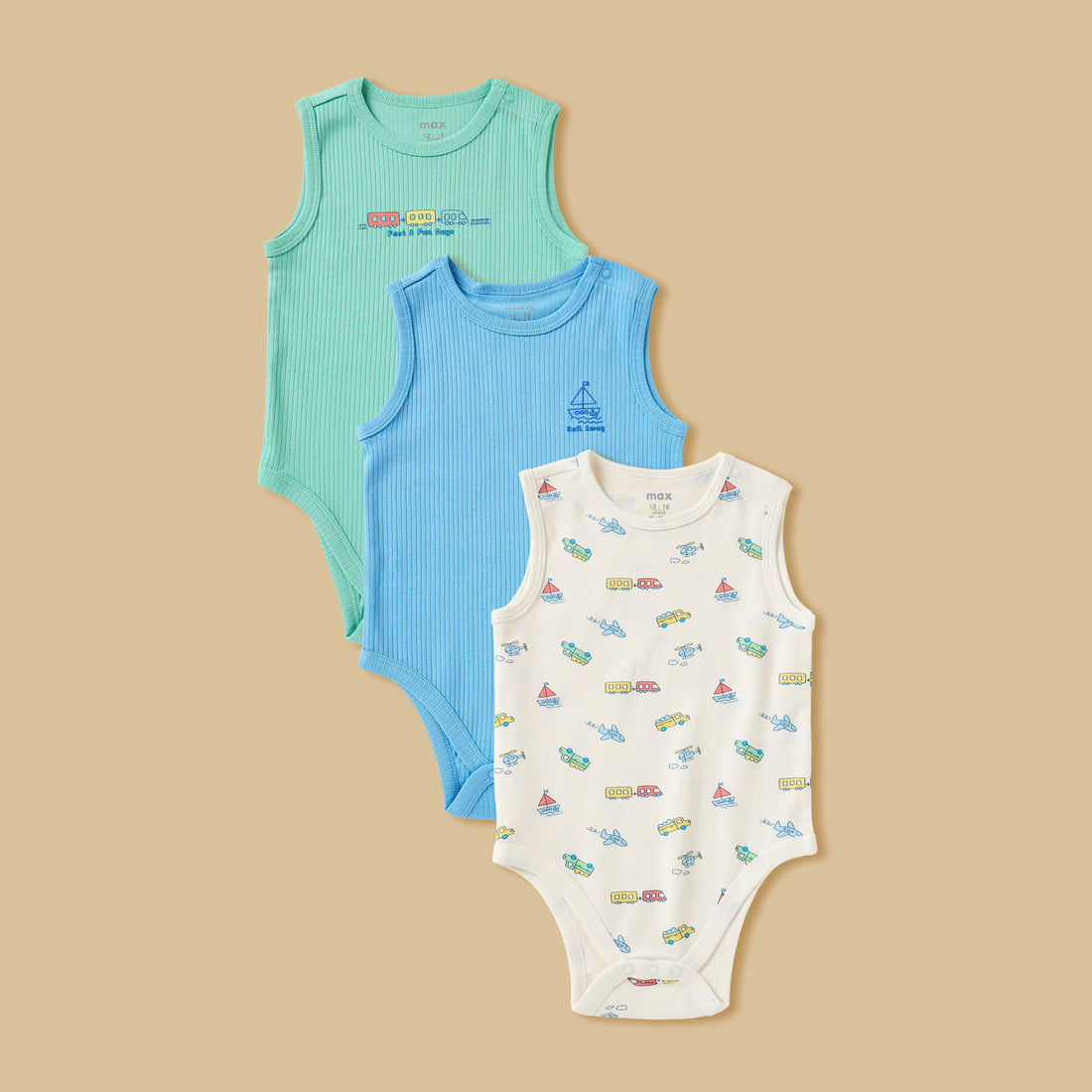 Pack of 3 - Printed Sleeveless Cotton Bodysuit - Multicolour / 12-18 mths